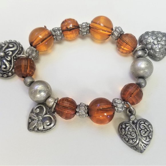 Hand Crafted Jewelry - Last one! Amber Heart CHARM BRACELET pewter crystal NEW